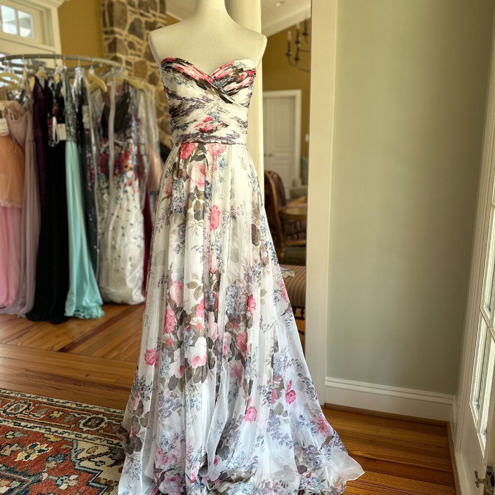 Sherri Hill Strapless Floral Chiffon Gown - Ruched Bodice & High Slit - Size 4 - Picture 3 of 11